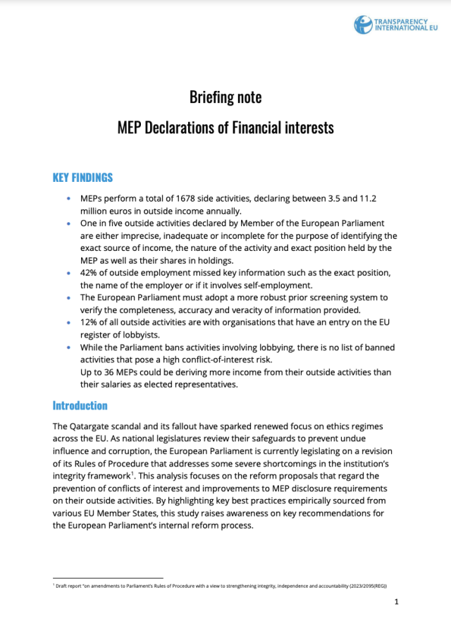 Briefing note MEP Declarations of Financial interests