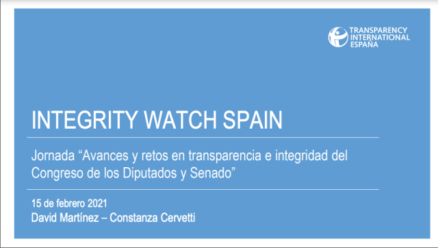 Ponencia del equipo de TI-España durante la jornada "Avances y retos en transparencia e integridad en el congreso de los diputados y senado de España"