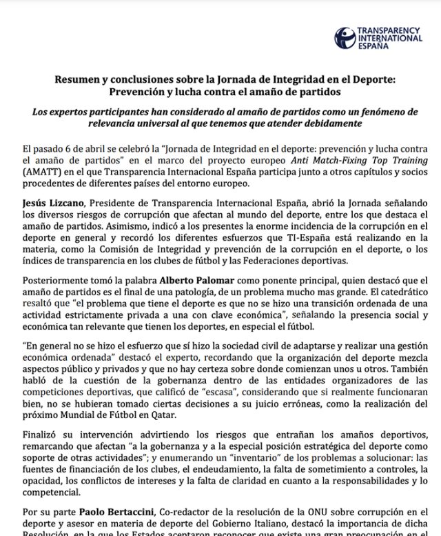 RESUMEN Y CONCLUSIONES SOBRE LA JORNADA DE INTEGRIDAD EN EL DEPORTE