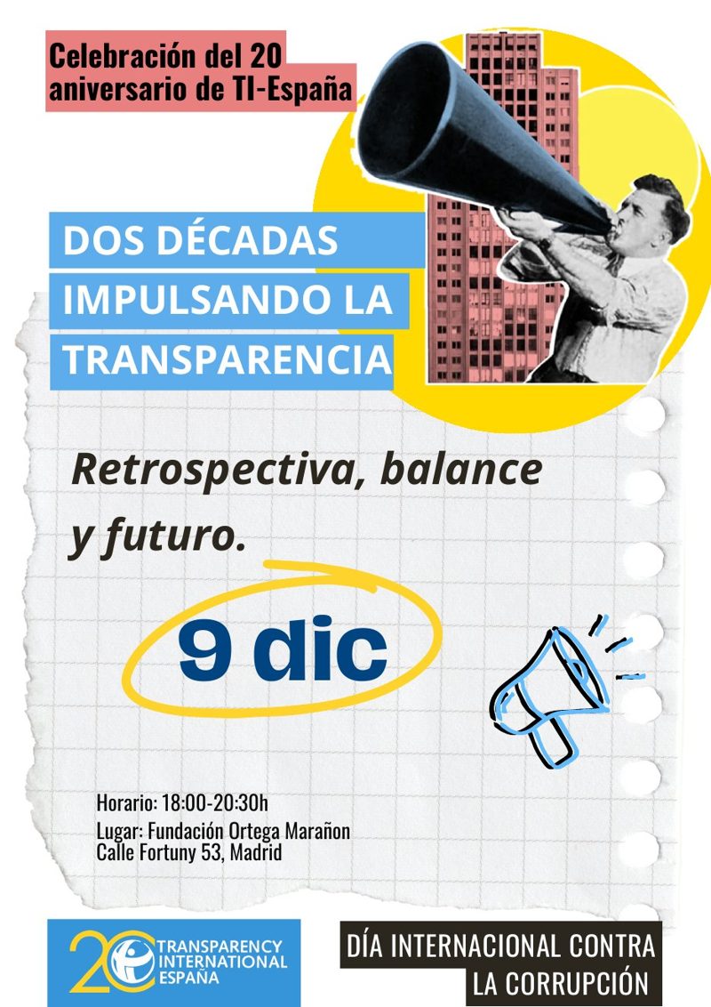 Save the date: celebración del 20 aniversario de Transparency International España, 9 de diciembre de 2026, 18:00-20:30 h, Fundación Ortega-Marañón, Madrid
